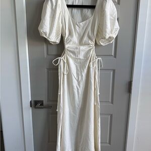 FARM Rio Off-White Cut-Out Midi Dress Puff Sleeve Beaded Tassels Size Medium